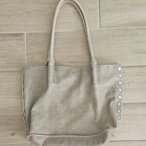 Stylish Tan Tote Bag with Suede Texture and Metal Studs